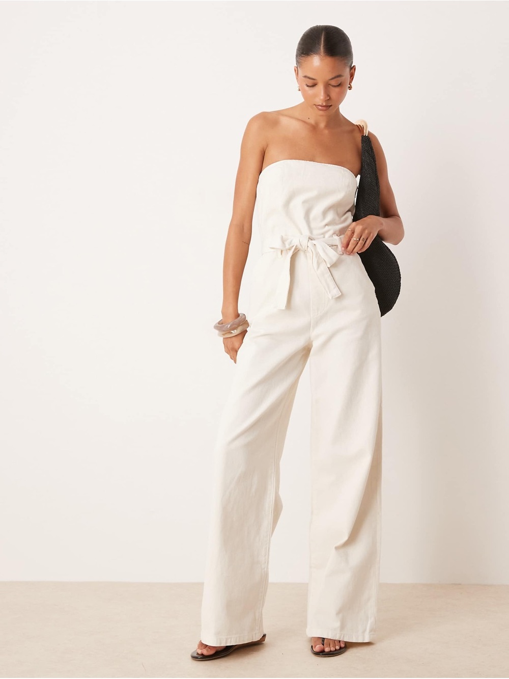 Mango Strapless Tie-Waist Wide-Leg Jumpsuit - Cream